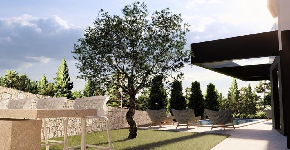 Kącik relaksu na świeżym powietrzu w luksusowej chorwackiej willi z widokiem na zadbane ogrody i stylowe meble - Kup ekskluzywny apartament w Chorwacji.