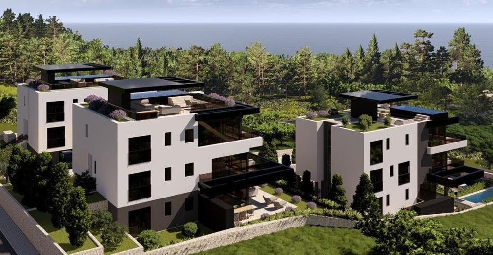 Widok z lotu ptaka na kompleks wysokiej klasy willi w Chorwacji z ogrodami na dachach, blisko wybrzeża - Luxury Real Estate Croatia.