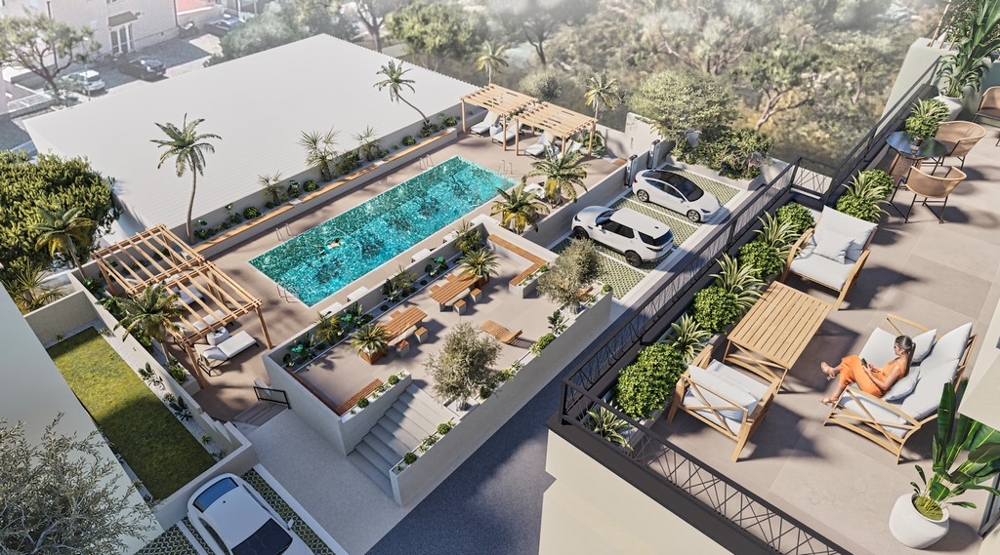 Nieruchomość w Chorwacji, Makarska, apartament z widokiem na morze: widok z lotu ptaka na nowoczesny kompleks mieszkaniowy z basenem, tarasem słonecznym i miejscem parkingowym