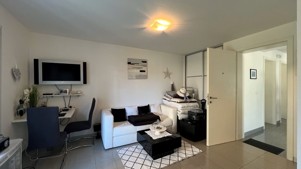 Przytulna część dzienna apartamentu typu studio na parterze z sofą, biurkiem i telewizorem.