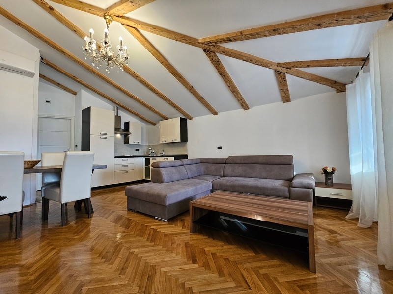 Pokój dzienny i widok na aneks kuchenny.