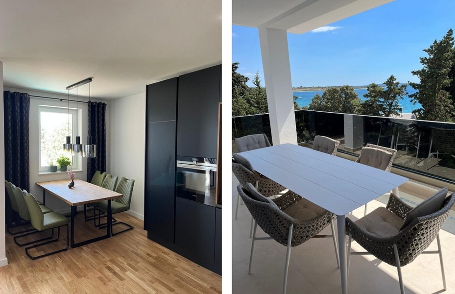 Jadalnia i kuchnia oraz widok na taras z widokiem na morze.