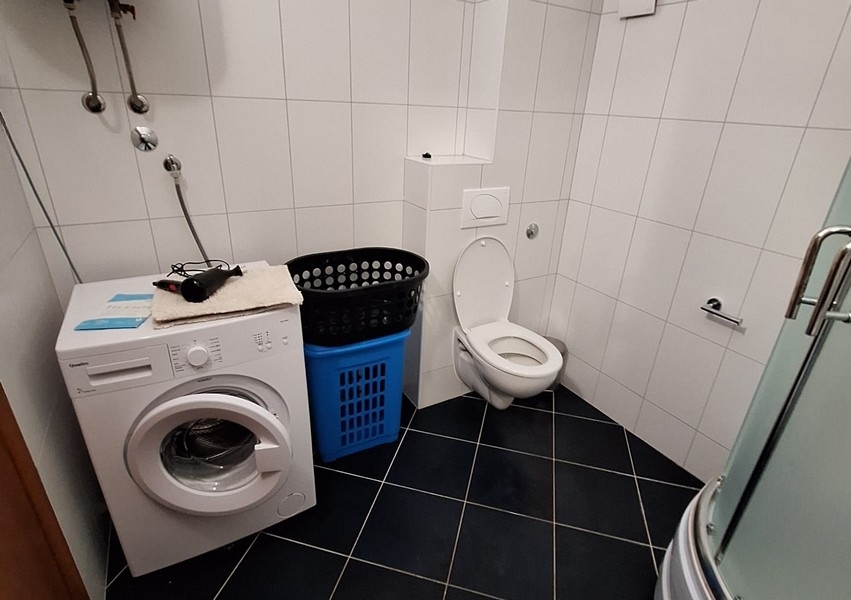 Łazienka z pralką i toaletą