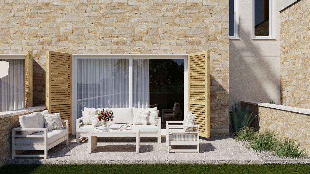 Umeblowany taras z elewacją z kamienia naturalnego