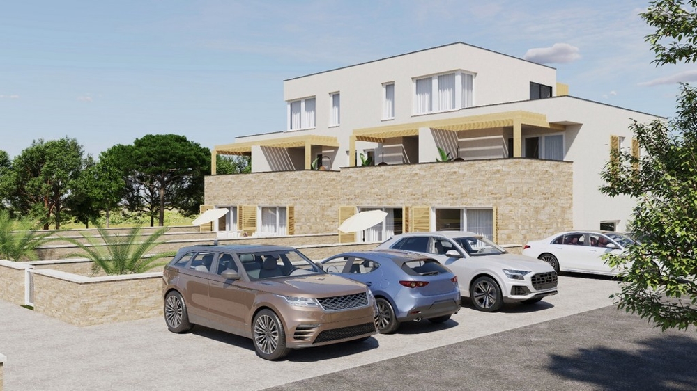 Wizualizacja nowego budynku z miejscami parkingowymi i tarasami