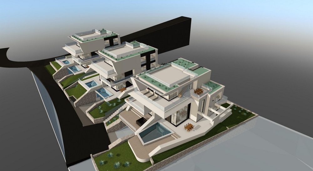 Wizualizacja kompleksu mieszkalnego z basenami