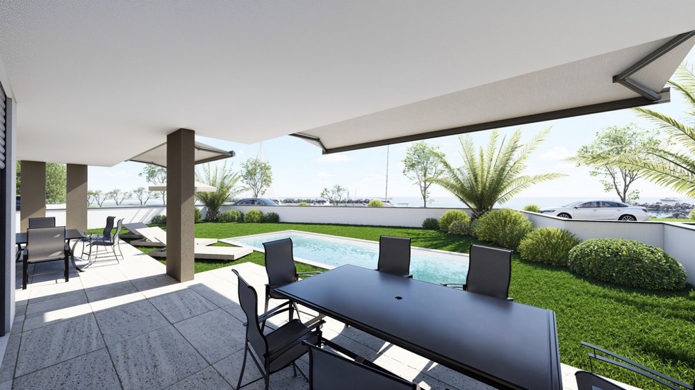 Wizualizacja zadaszonego tarasu z ogrodem i basenem