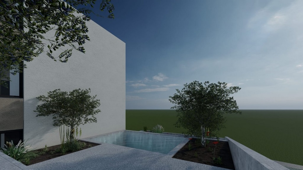 Nowoczesna strefa basenowa z zielenią na budynku mieszkalnym