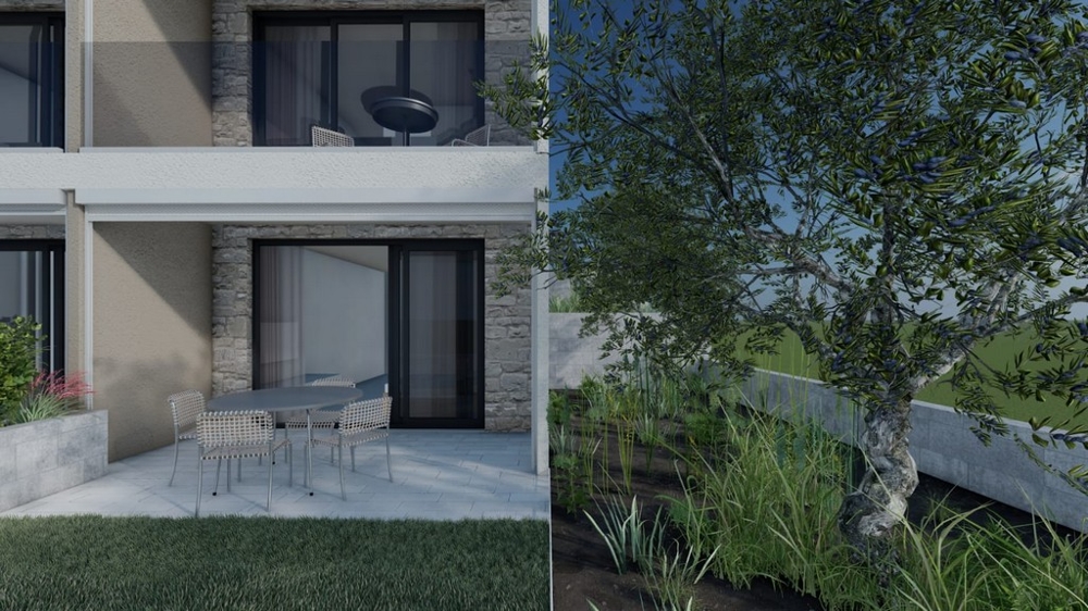 Taras na parterze z miejscami do siedzenia i ogrodem