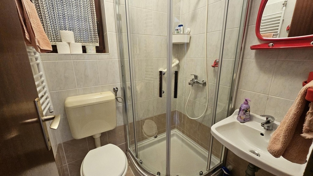 Łazienka z prysznicem, toaletą i umywalką