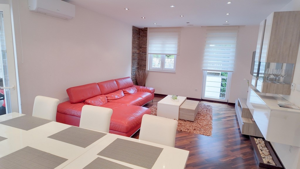 Pokój dzienny z czerwoną skórzaną sofą i stylowym designem