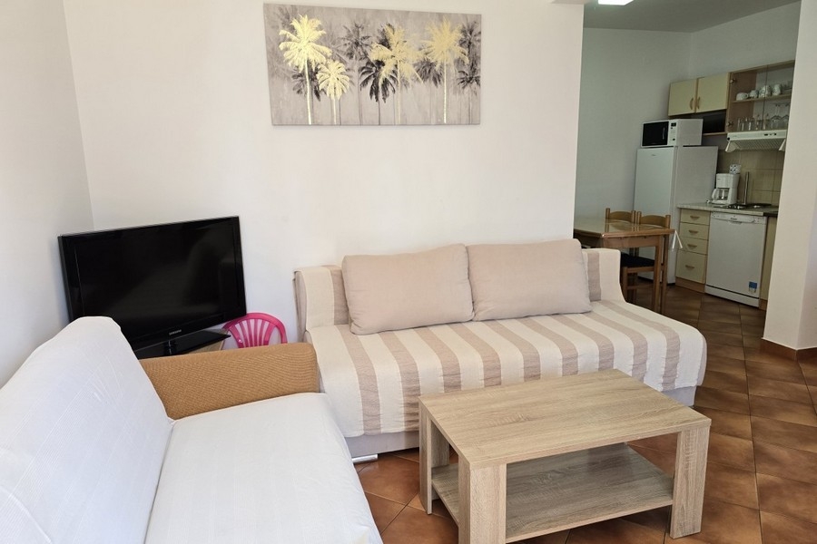 Pokój dzienny z sofą, stolikiem kawowym i telewizorem