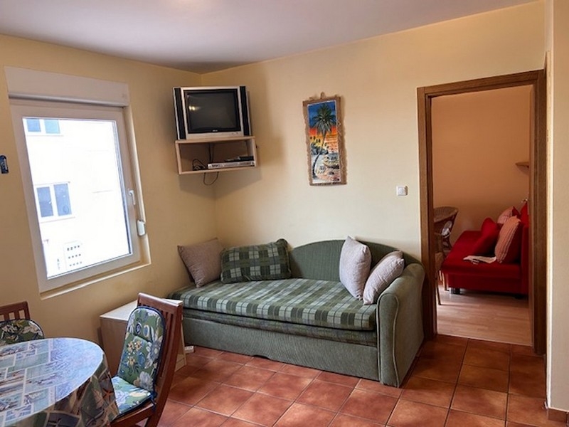 Kompaktowy salon z sofą, telewizorem i dostępem do sypialni