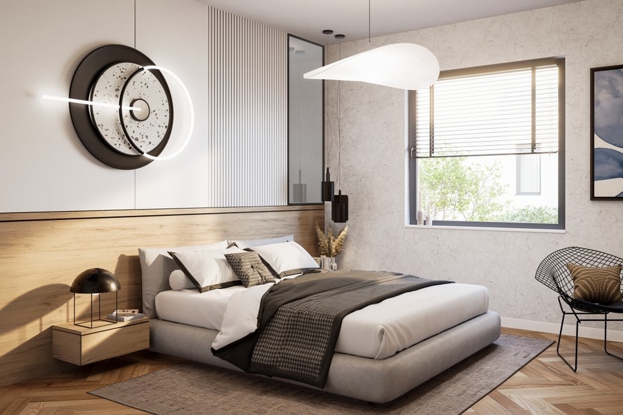 Elegancka sypialnia w ekskluzywnym nowym mieszkaniu