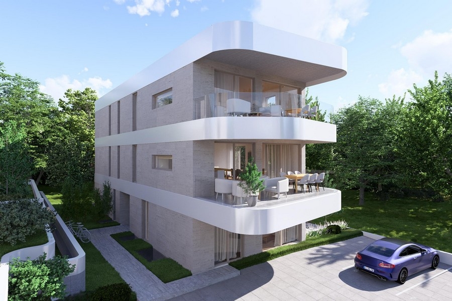 Penthouse w Krk, widok na nowy budynek z zadaszonymi balkonami