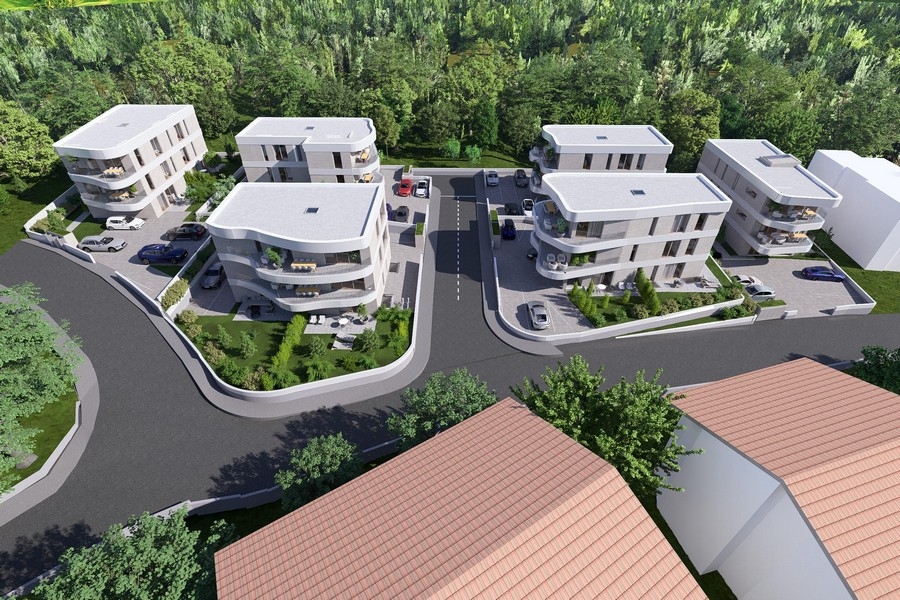 Penthouse w Krk, widok z lotu ptaka na tarasy na dachu kompleksu