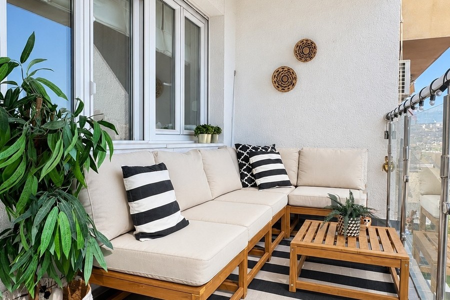 Loggia południowa z miejscem do siedzenia i roślinami