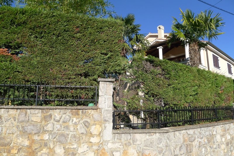 Śródziemnomorska willa otoczona zielonym ogrodem z palmami i śródziemnomorską roślinnością.