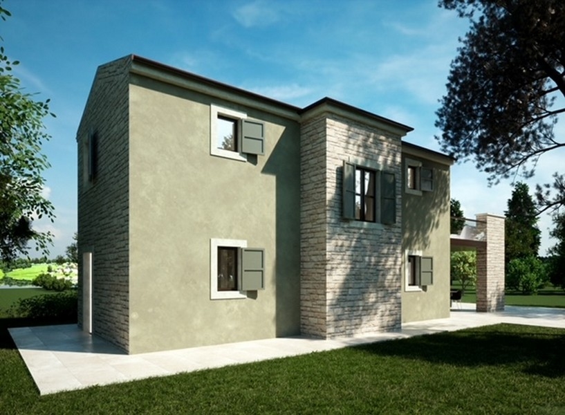 Tył szarej nieruchomości na Istrii z dużymi oknami i częściowo wykończonym tarasem.