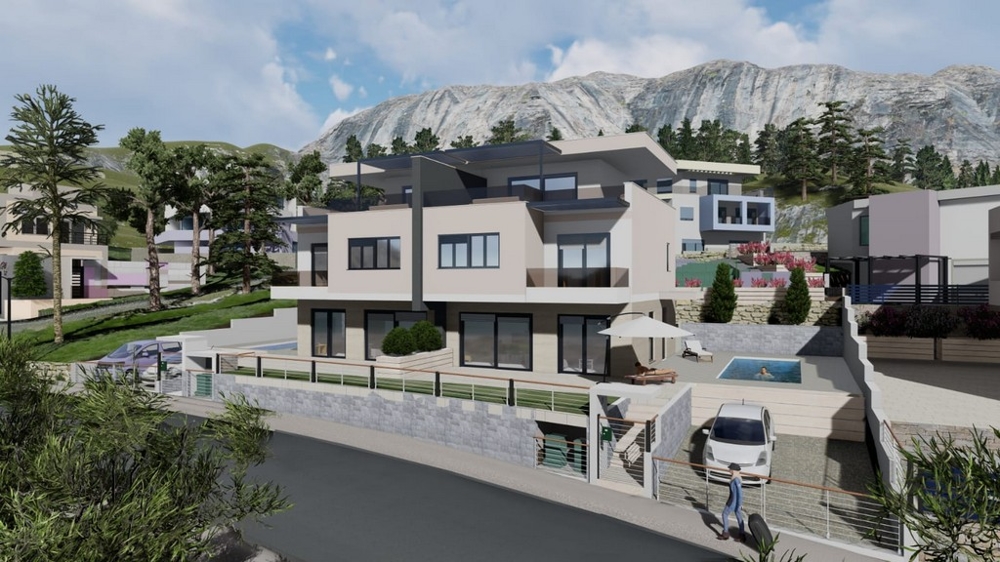 Wizualizacja 3D domu bliźniaczego z basenem H2147 w Makarskiej.