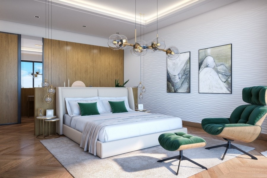 Nowoczesna sypialnia z wygodnym podwójnym łóżkiem.