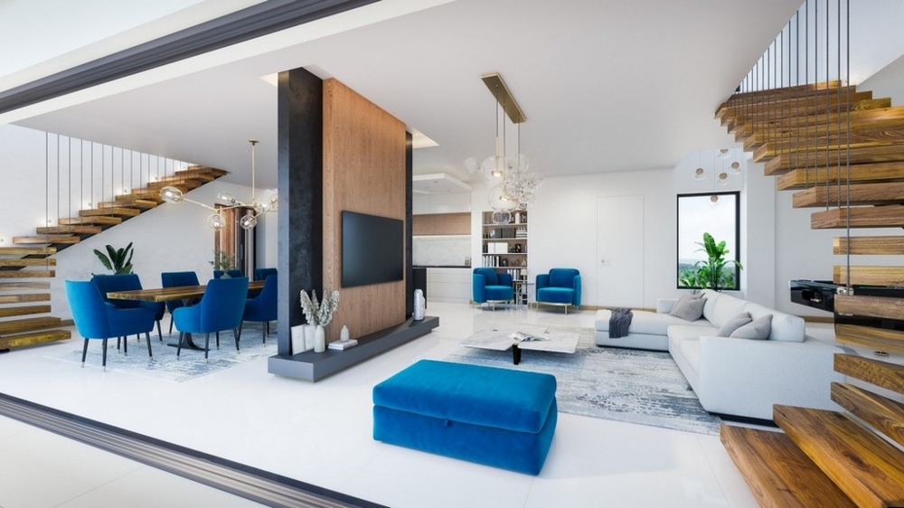 Wewnętrzne schody prowadzą z części dziennej na piętro willi H2713 na Istrii koło Poreca - Panorama Harcerska.