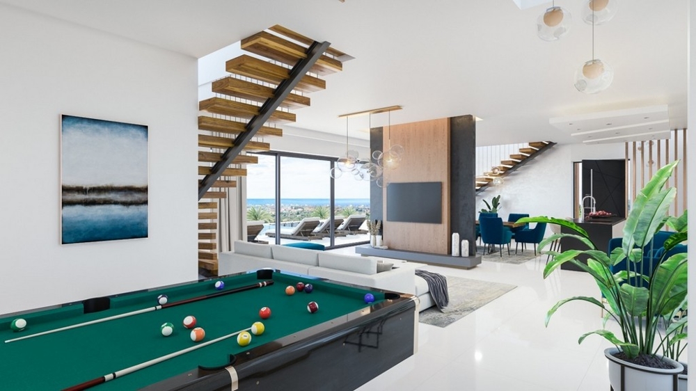 Stół bilardowy i widok na telewizor.