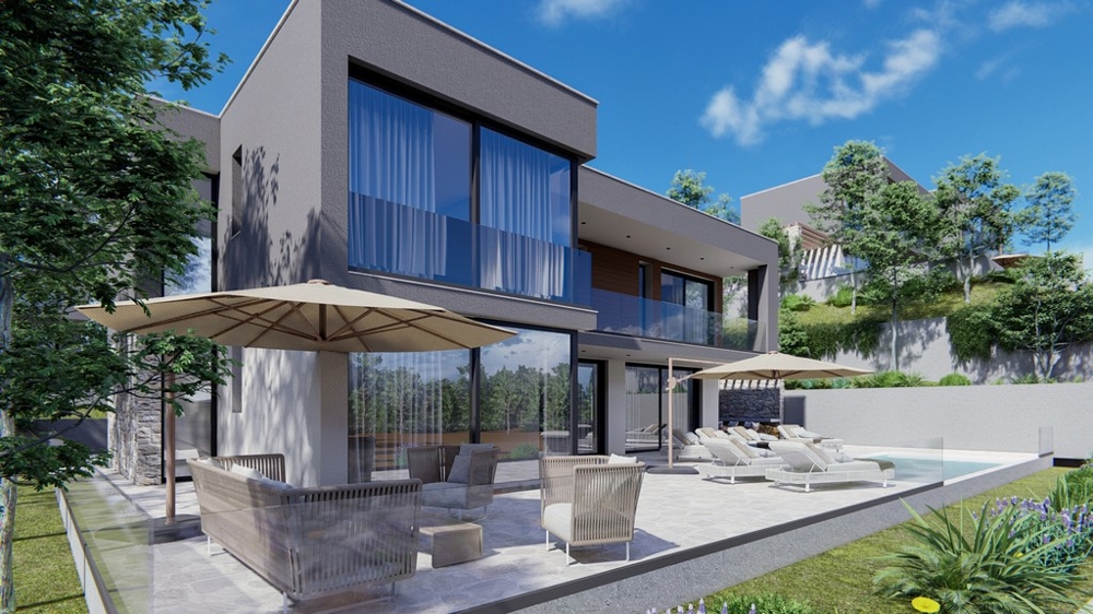 Szczegółowy widok nowoczesnej willi z odkrytym tarasem i parasolem w Chorwacji.