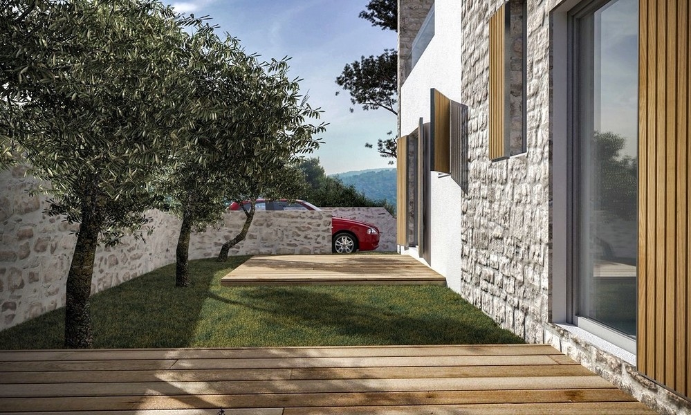 Parking z drzewem oliwnym obok nowoczesnej willi na sprzedaż w Jezera, Murter, Chorwacja