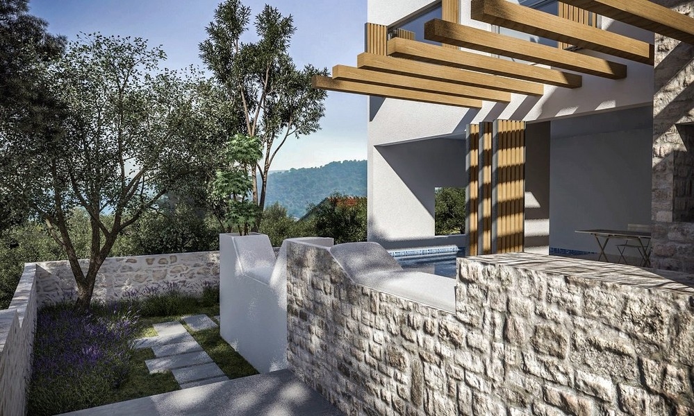 Widok zewnętrzny tarasu z pergolą w willi na sprzedaż w Jezera na wyspie Murter, Chorwacja