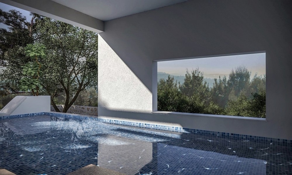 Widok wnętrza zadaszonego basenu z widokiem na morze w willi na sprzedaż w Jezera, Murter, Chorwacja