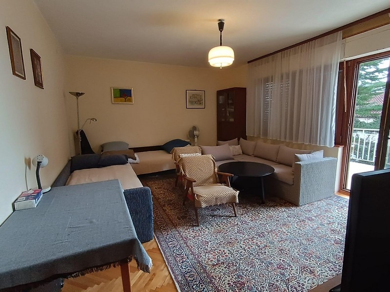 Pokój dzienny z kanapą i dywanem w apartamentowcu na sprzedaż w Crikvenicy w Chorwacji.