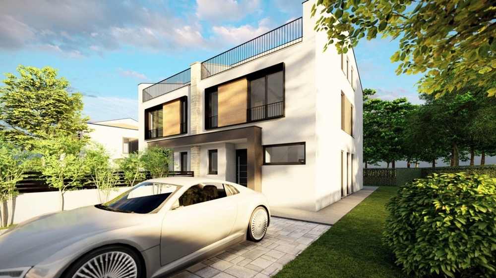 Widok z boku nowoczesnego domu bliźniaczego z samochodem i zielonym ogrodem