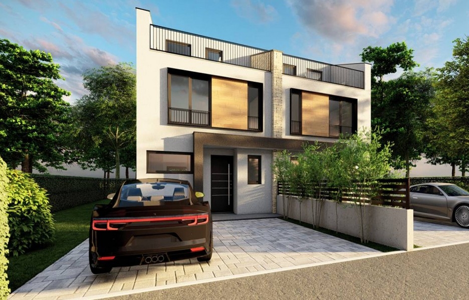 Widok z przodu nowoczesnego domu bliźniaczego z pojazdami z przodu, oferowany przez agenta nieruchomości Panorama Scouting