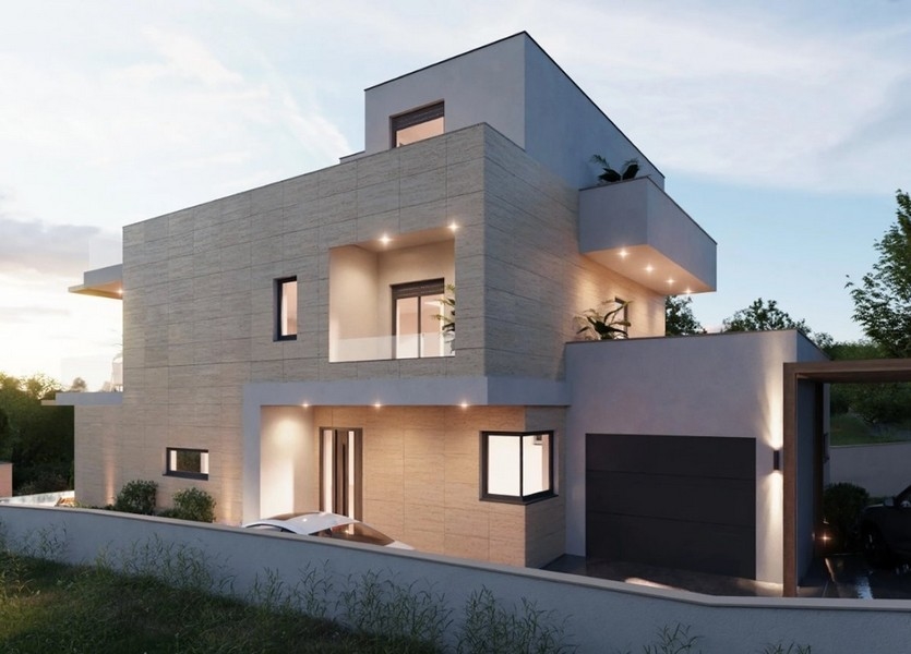 Stylowa sypialnia w chorwackiej willi, z widokiem na morze, z dużym podwójnym łóżkiem, dwiema lampkami nocnymi i miękkimi zasłonami