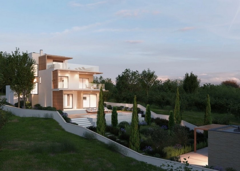 Przytulny salon z kominkiem w nowoczesnej willi w Chorwacji, widok na morze o zmierzchu