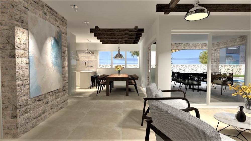 Otwarta część dzienna z jadalnią i salonem w willi w Vrbniku na wyspie Krk, nieruchomość Chorwacja, Vrbnik, wyspa Krk willa na sprzedaż