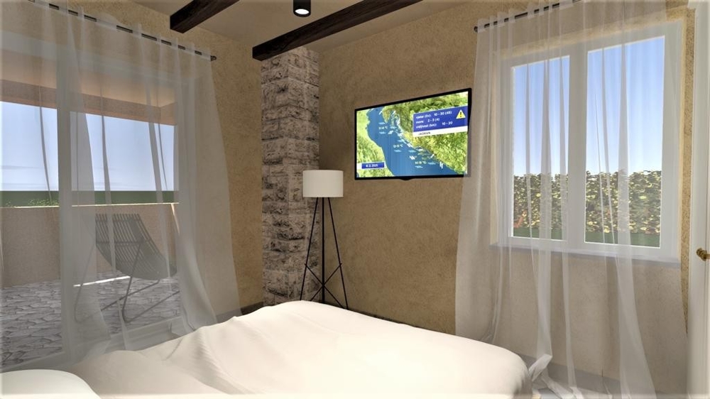 Druga sypialnia z nowoczesnym designem i telewizorem w willi w Vrbnik, Wyspa Krk, Nieruchomości Chorwacja, Vrbnik, Wyspa Krk Willa na sprzedaż