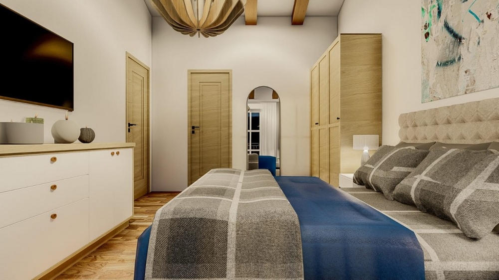 Śródziemnomorska willa z widokiem na morze, wyspa Krk, sypialnia z telewizorem i drewnianymi drzwiami