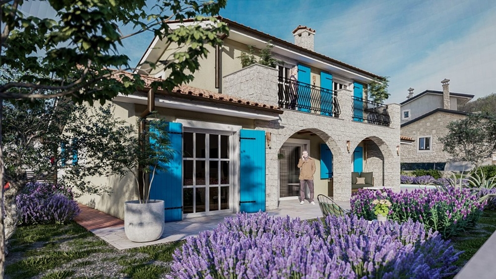 Strefa wejściowa uroczej śródziemnomorskiej willi z niebieskimi drzwiami na wyspie Krk