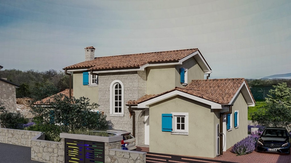 Wygląd zewnętrzny luksusowej śródziemnomorskiej willi z kamiennym murem na wyspie Krk