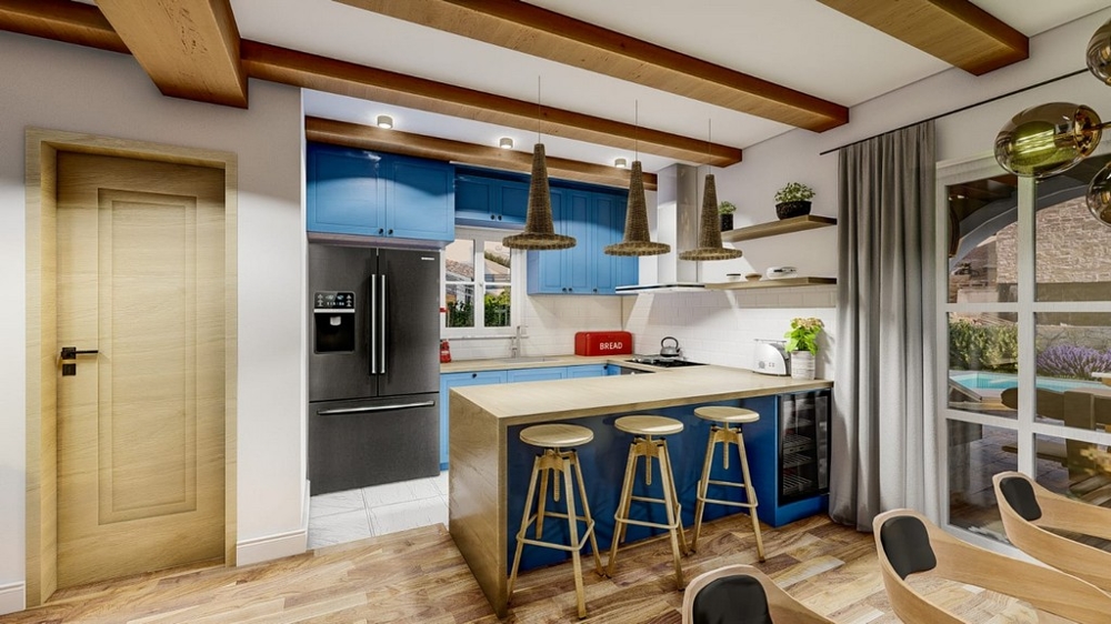 Nowoczesna kuchnia w śródziemnomorskiej willi z widokiem na morze na wyspie Krk