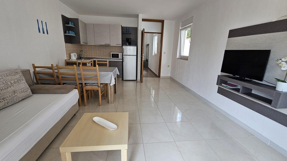 Pokój dzienny i widok na kuchnię.