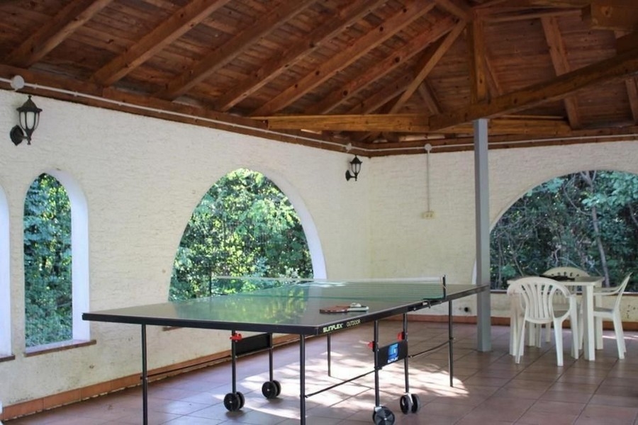 Zadaszony teren zewnętrzny ze stołem do tenisa stołowego pośrodku, białymi plastikowymi krzesłami i drewnianym dachem. W ścianach znajdują się łukowate otwory okienne, z których roztacza się widok na zieloną okolicę.