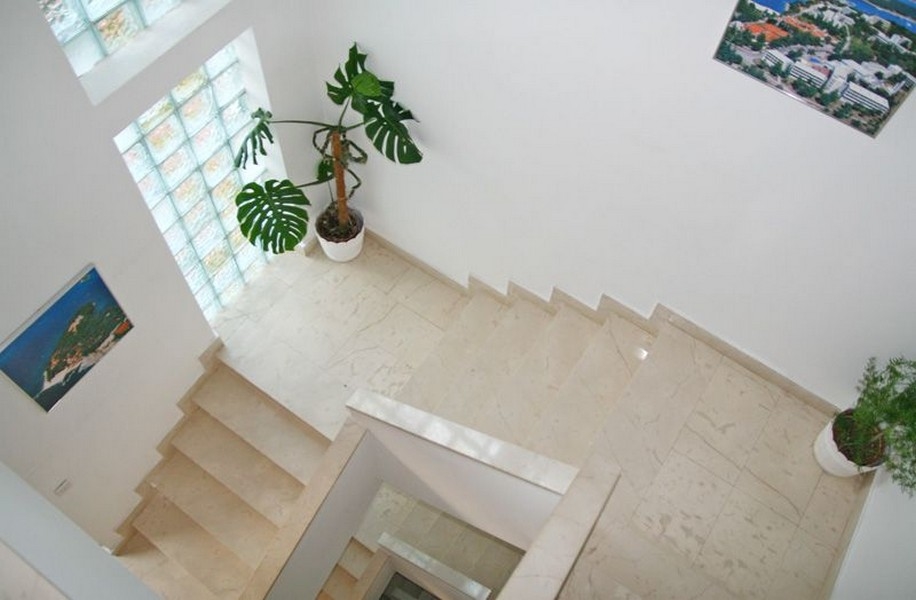 Klatka schodowa ze schodami z jasnego marmuru, dużymi oknami z pustaków szklanych, zielonymi roślinami w białych doniczkach i obrazami wiszącymi na ścianach.