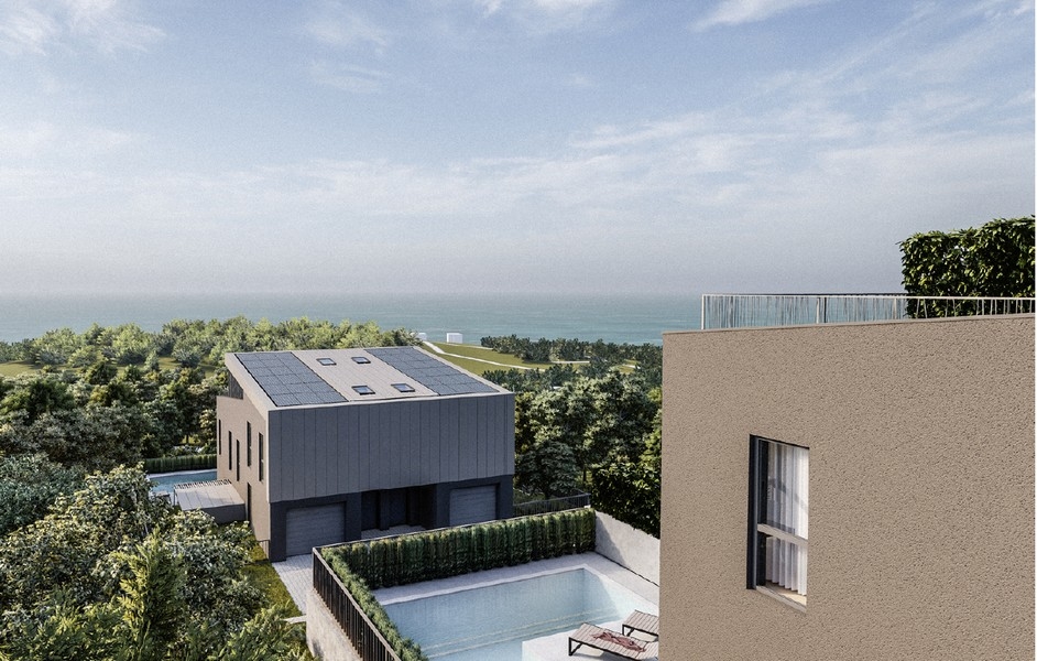 Widok na morze z tarasu na dachu nieruchomości H3051 niedaleko Rijeki w Chorwacji.