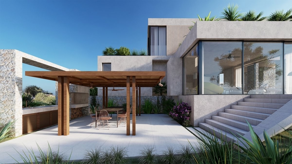 Wizualizacja 3D: widok z boku willi H3358, która jest na sprzedaż w Chorwacji.