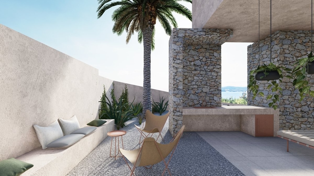 Pokój dzienny z widokiem na morze w willi H3358 niedaleko Rogoznicy w Chorwacji.