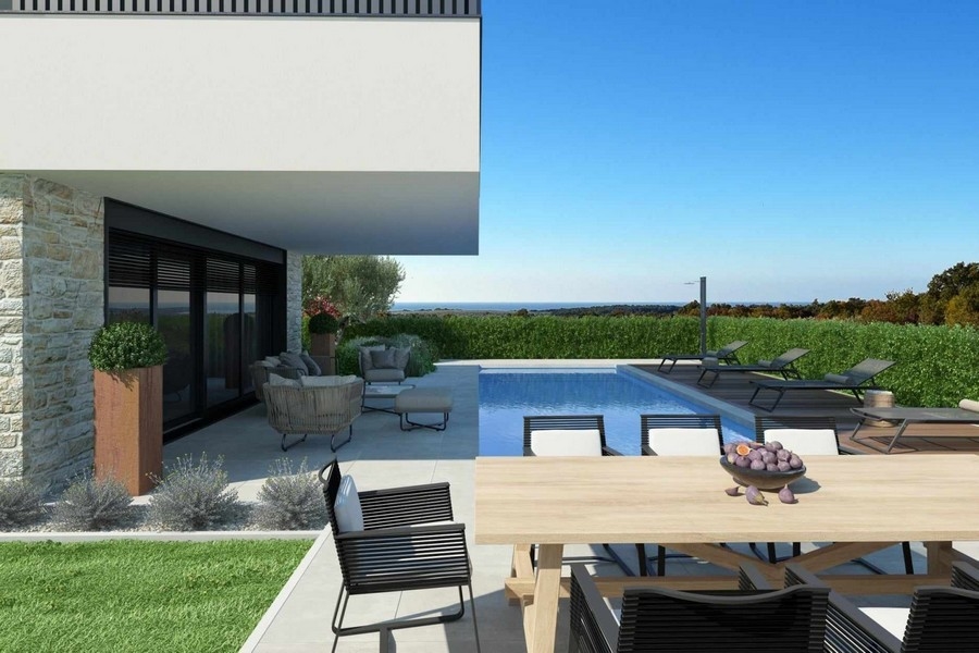 Nowoczesny taras z basenem i częścią wypoczynkową