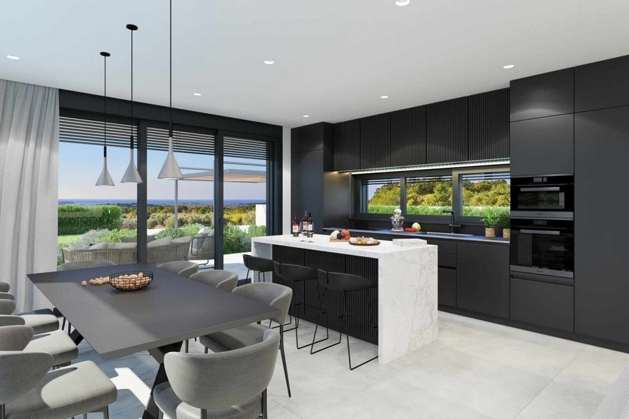 Czarna nowoczesna kuchnia z wyspą